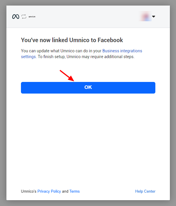 Umnico synchronization with Facebook confirmation