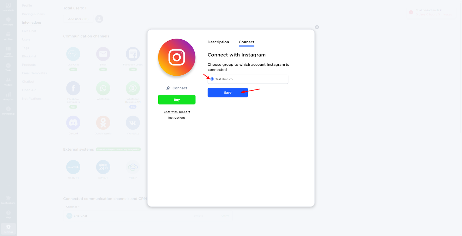 conectando la integración de Instagram