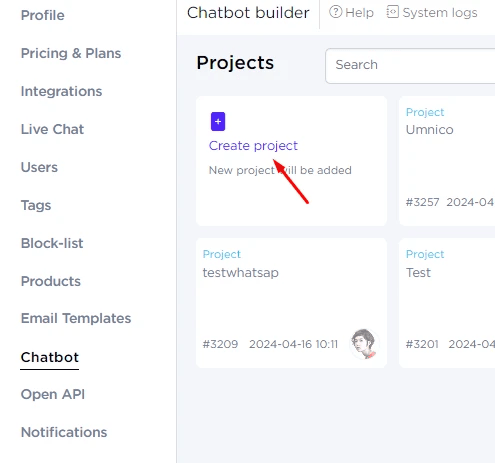 creating a chatbot project in Umnico visual builder