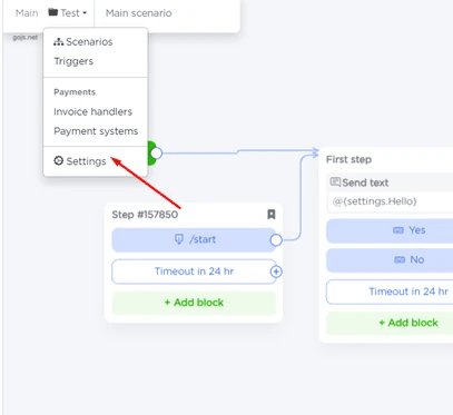 acessando as configurações do projeto do chatbot