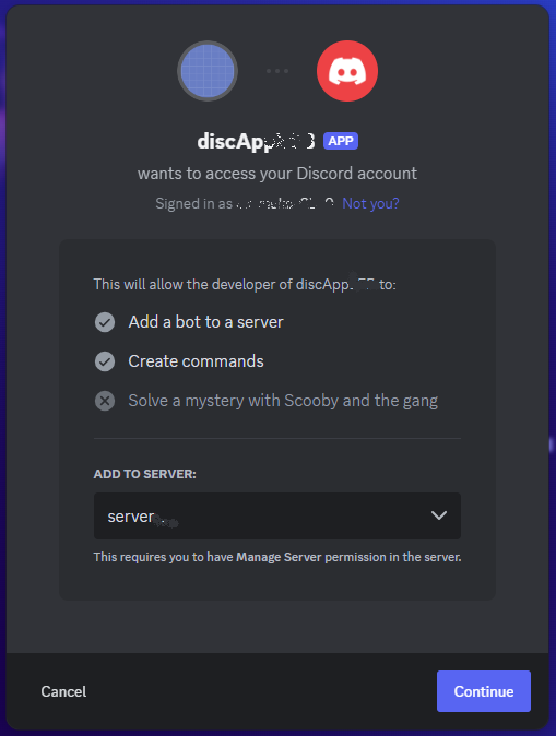 Portal de desarrollo de Discord: selección de bot