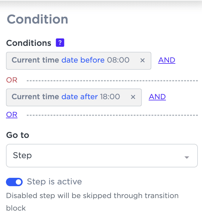 Conditions for transition to a step in the bot constructor