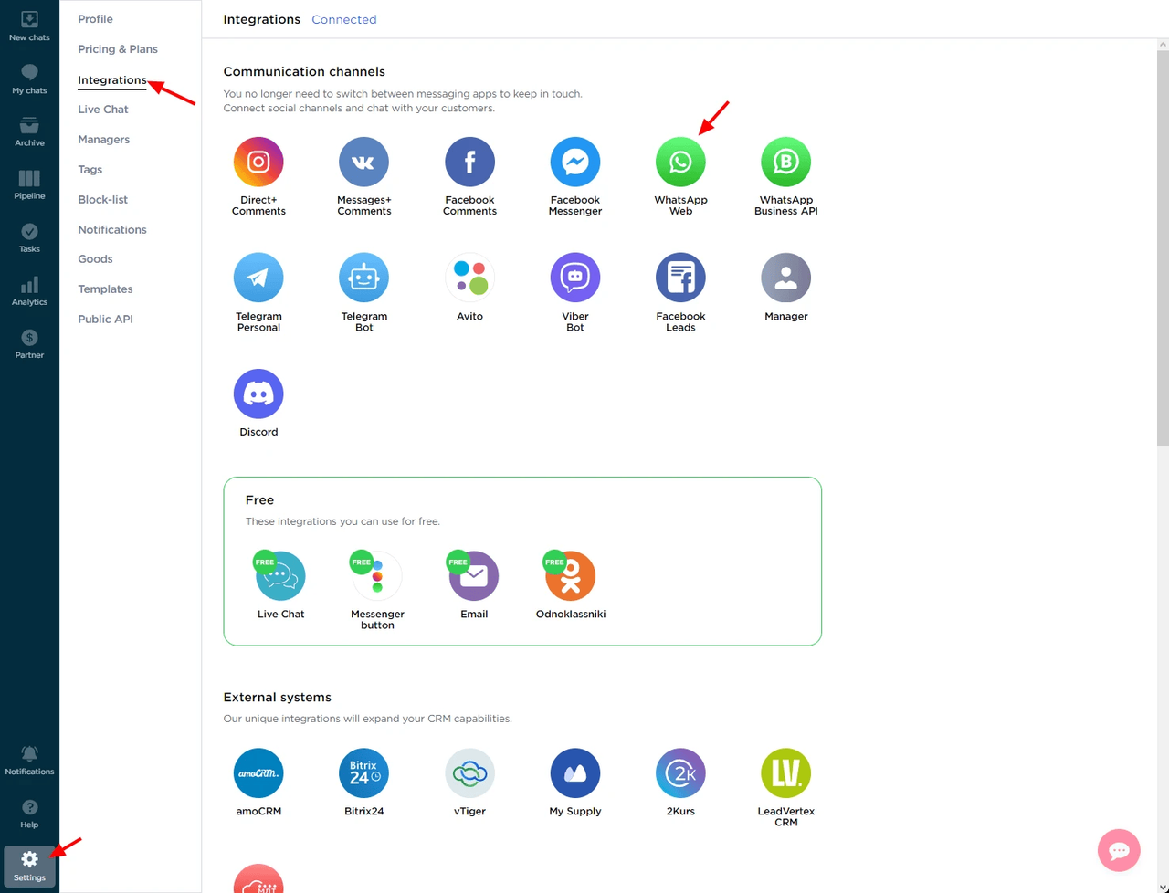 WhatsApp integration settings in Umnico