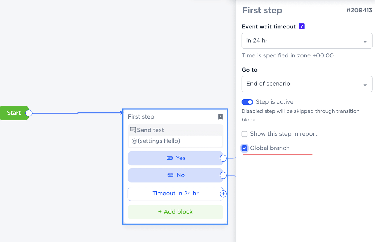 Área de configuração da etapa inicial no construtor do chatbot