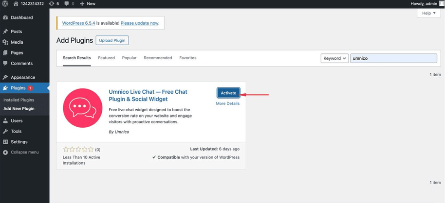 Umnico Live Chat plugin activation