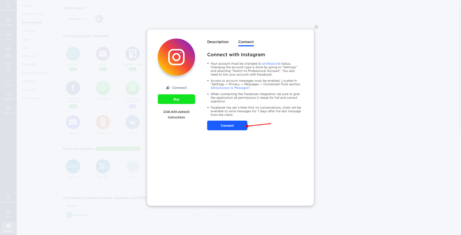 Configuração de integração com Instagram