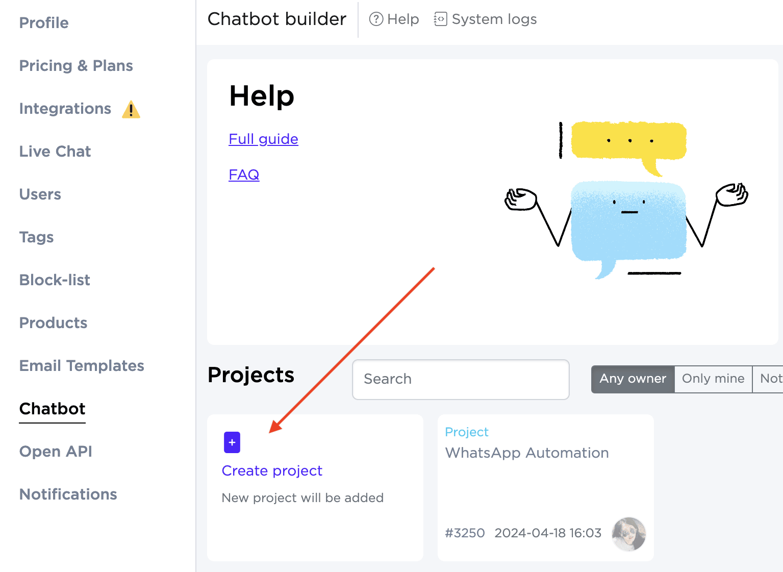 Creating a project in the Umnico chatbot designer