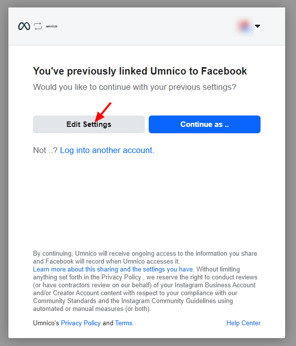 editing Facebook integration settings