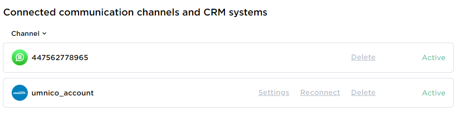 amoCRM & WhatsApp Business account connected to Umnico