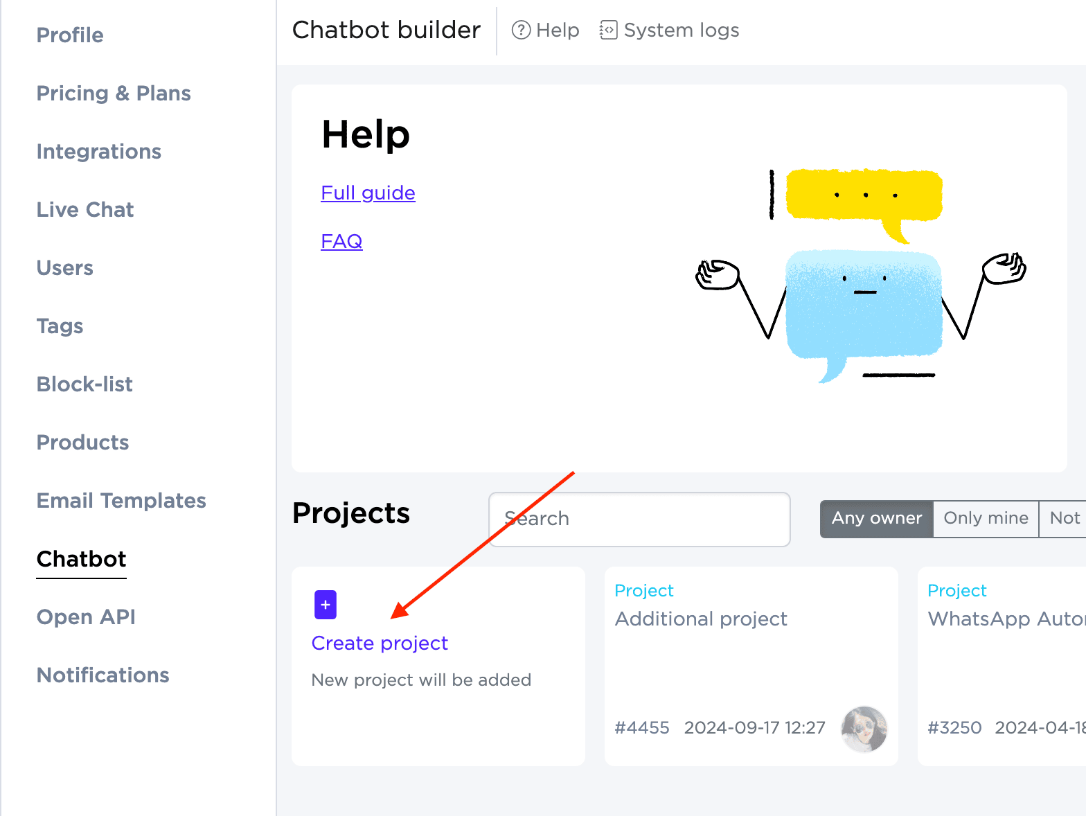 Erstellen eines neuen Projekts im Umnico Chatbout Builder