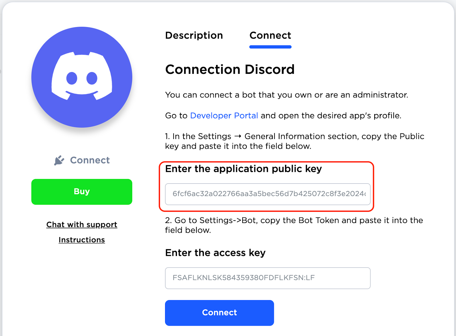 Connection of Discord - public key entering