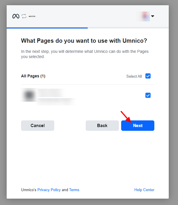 selecting Instagram page for connecting to Umnico