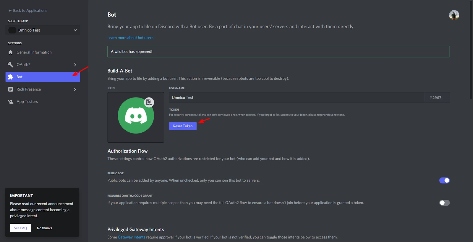 Restablecer la configuración del token en Discord