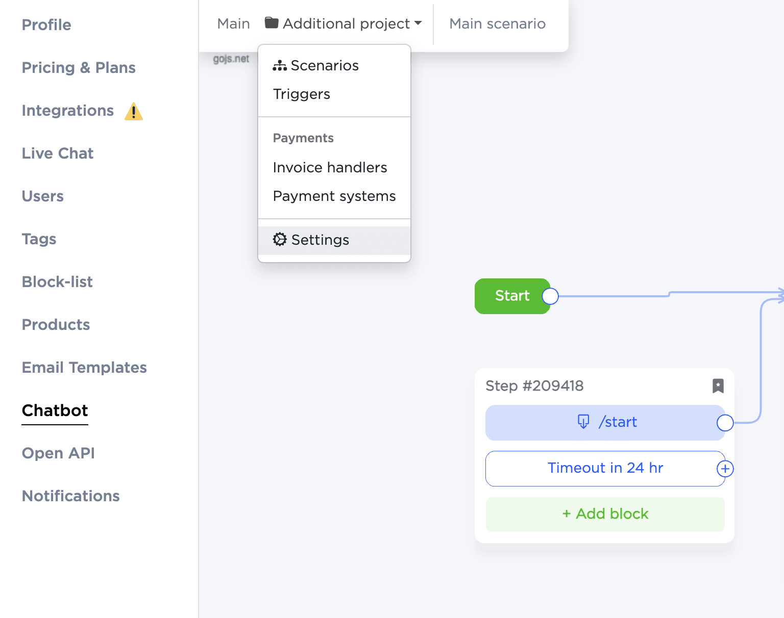 Configuración de funcionamiento del chatbot