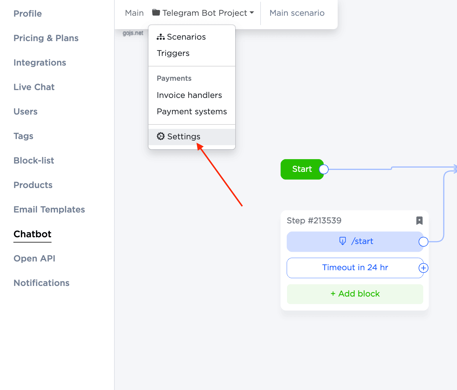 Accessing chatbot project settings