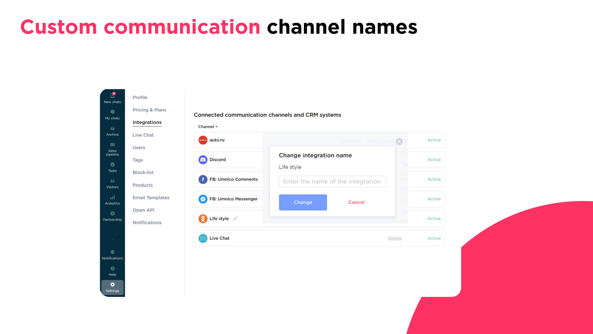 Custom communication channel names in Umnico