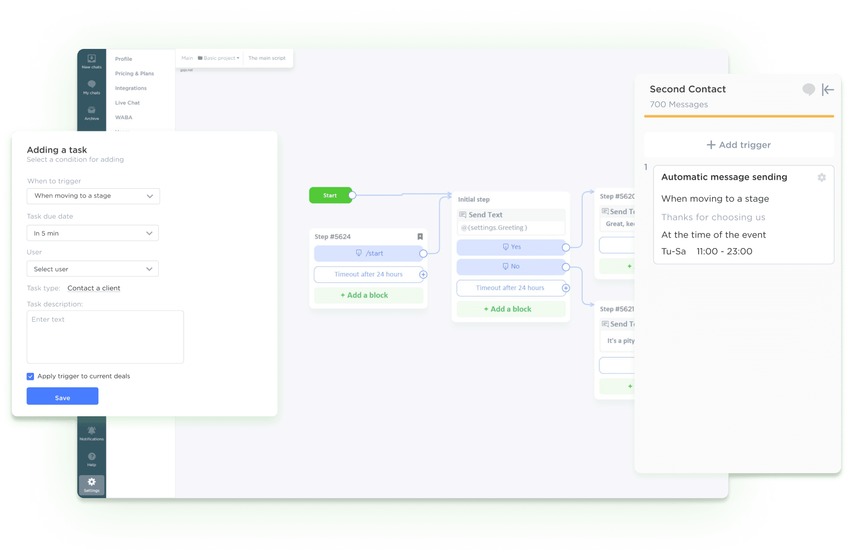 Chatbot builder and action trigger settings in Umnico